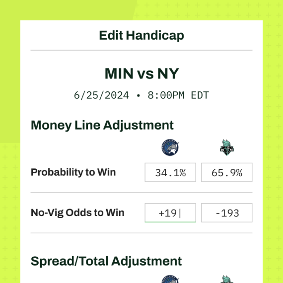 The GamedayMath sidebar showing the edit handicap mode with money line adjustment and spread/total adjustment options