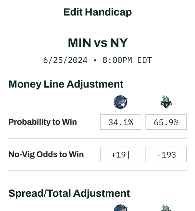 The GamedayMath sidebar showing the edit handicap mode with money line adjustment and spread/total adjustment options